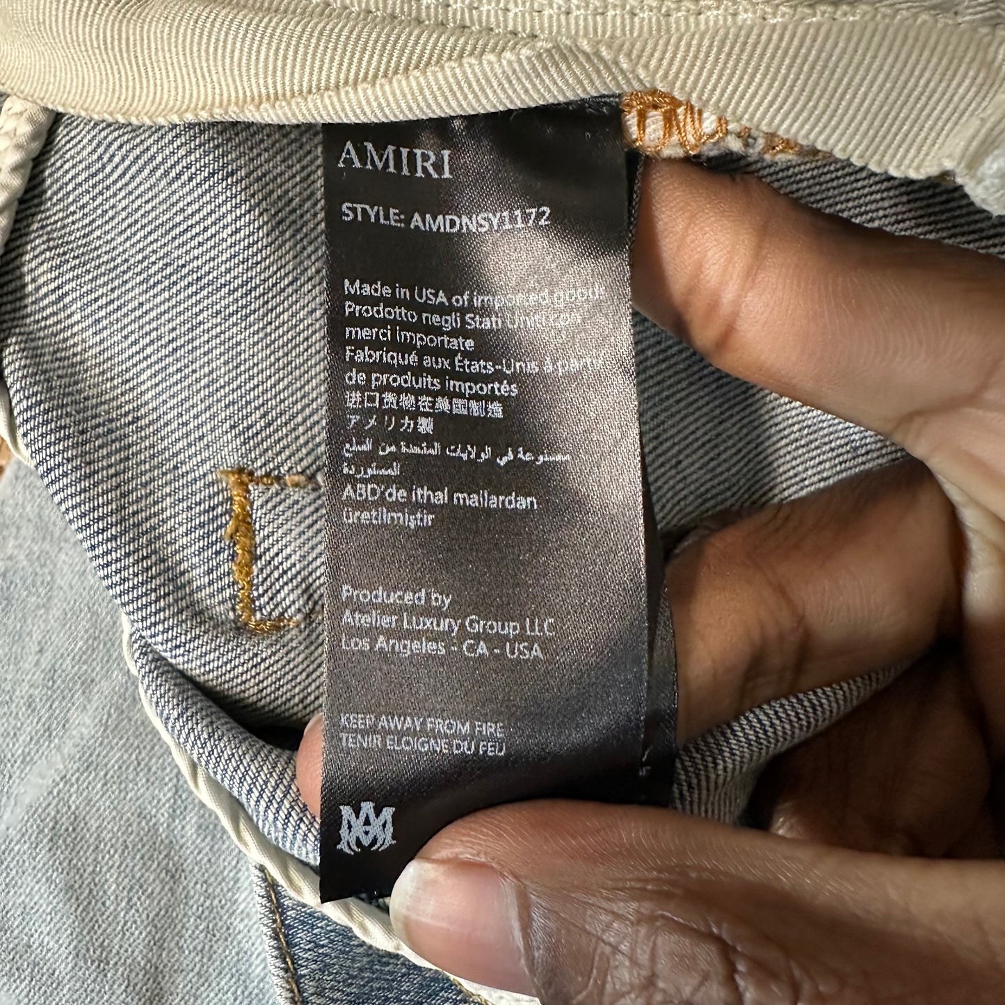 Amiri MX1 Maroon Gold Patch Blue Denim Jeans Sz 40