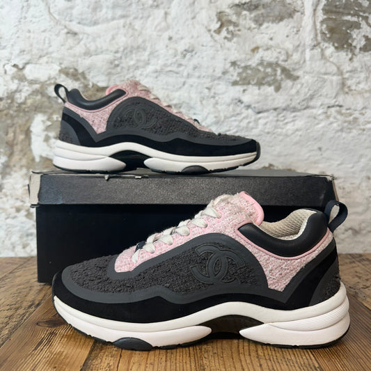 Chanel CC Pink Grey Black Tweed Trainer Sneaker Sz 6 (38)