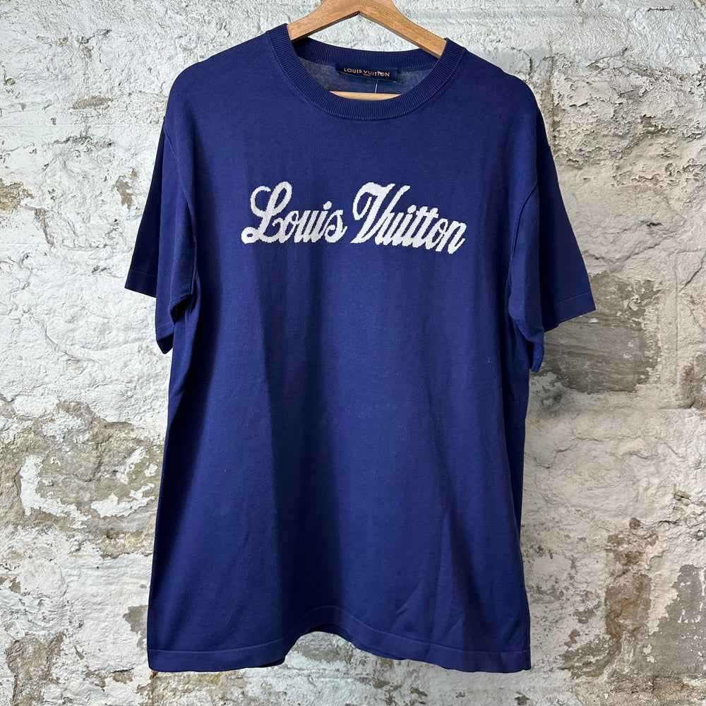 Louis Vuitton White Spellout Knit Navy T-Shirt Sz M