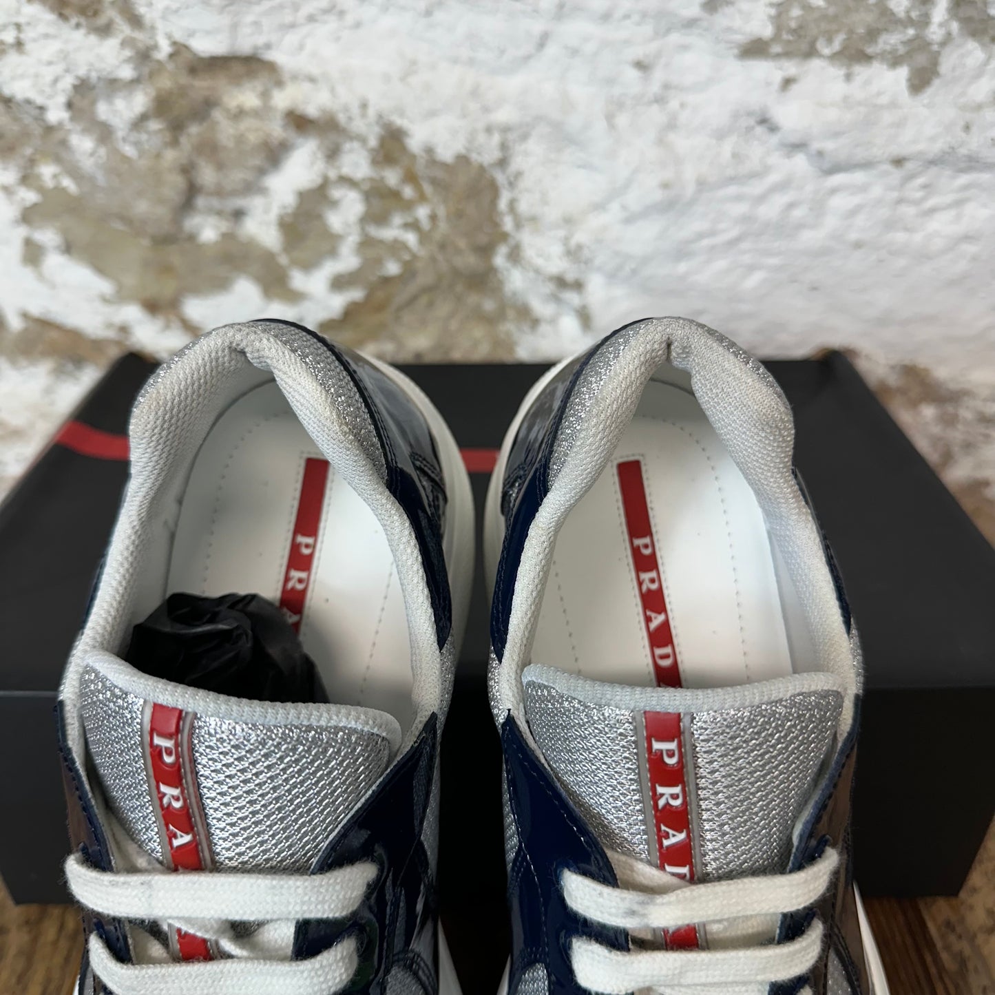 Prada Americas Cup Navy Patent Gray White Sneaker Sz 9
