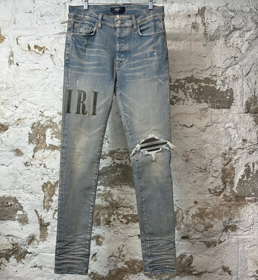 Amiri MX1 Camo Spell Patch Blue Denim Jeans Sz 32