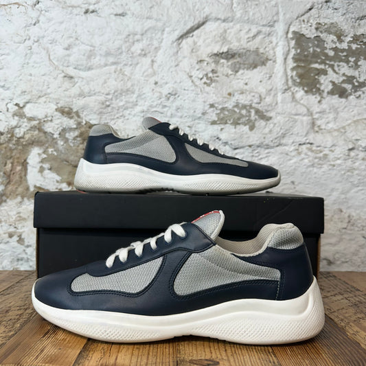 Prada Americas Cup Navy Leather Grey White Sneaker Sz 8