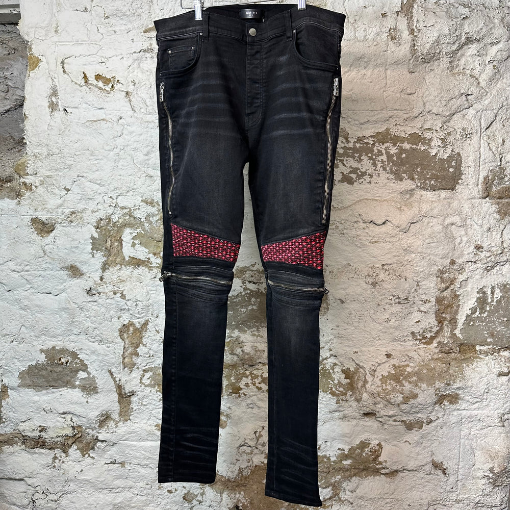 Amiri MX2 Pink Red Patch Black Denim Jeans Sz 36