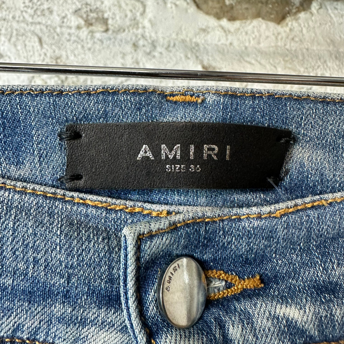 Amiri Distressed Side Spell Blue Denim Jeans Sz 36