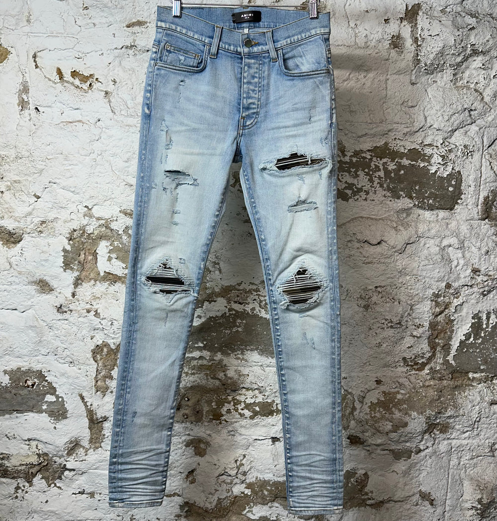 Amiri MX1 Camo Patch Light Blue Denim Jeans Sz 28
