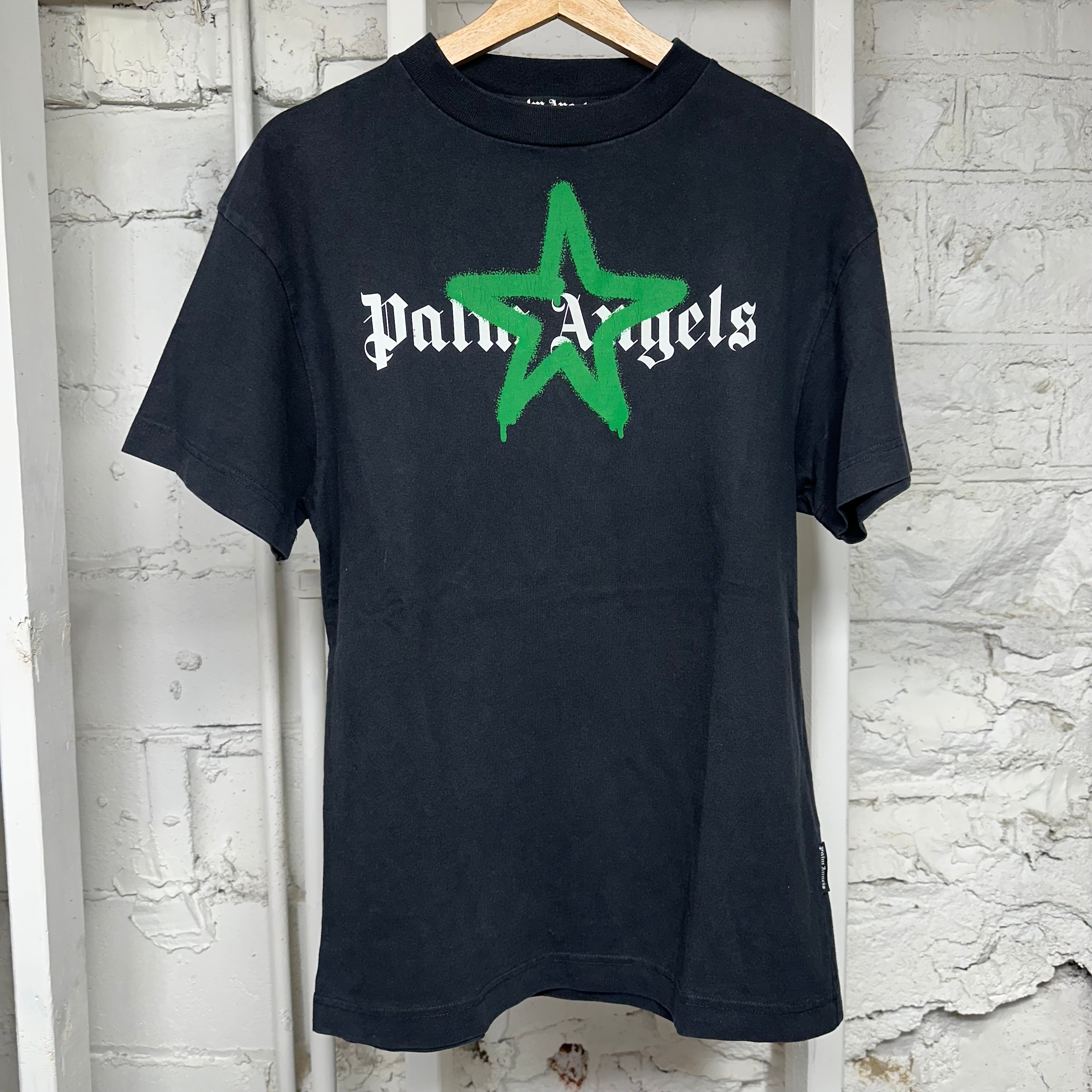 Palm Angels Green Star Logo Black T-Shirt Sz XS