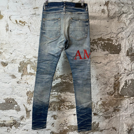 Amiri MX1 Red Suede Spell Blue Denim Jeans Sz 28