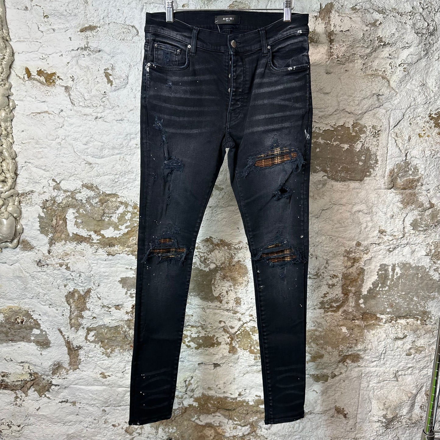 Amiri MX1 Brown Plaid Flannel Black Denim Jeans Sz 31