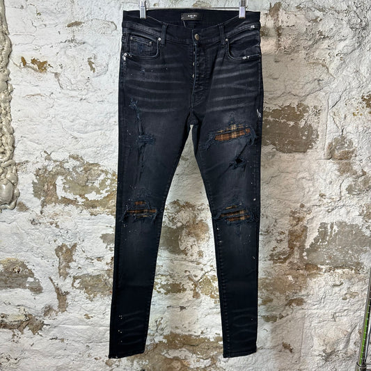 Amiri MX1 Brown Plaid Flannel Black Denim Jeans Sz 31