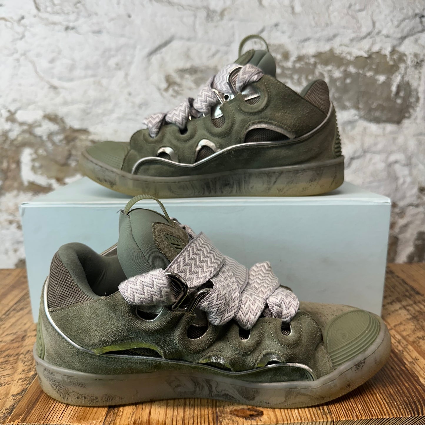 Lanvin Curb Grey White Lace Green Sneaker Sz 10 (43)