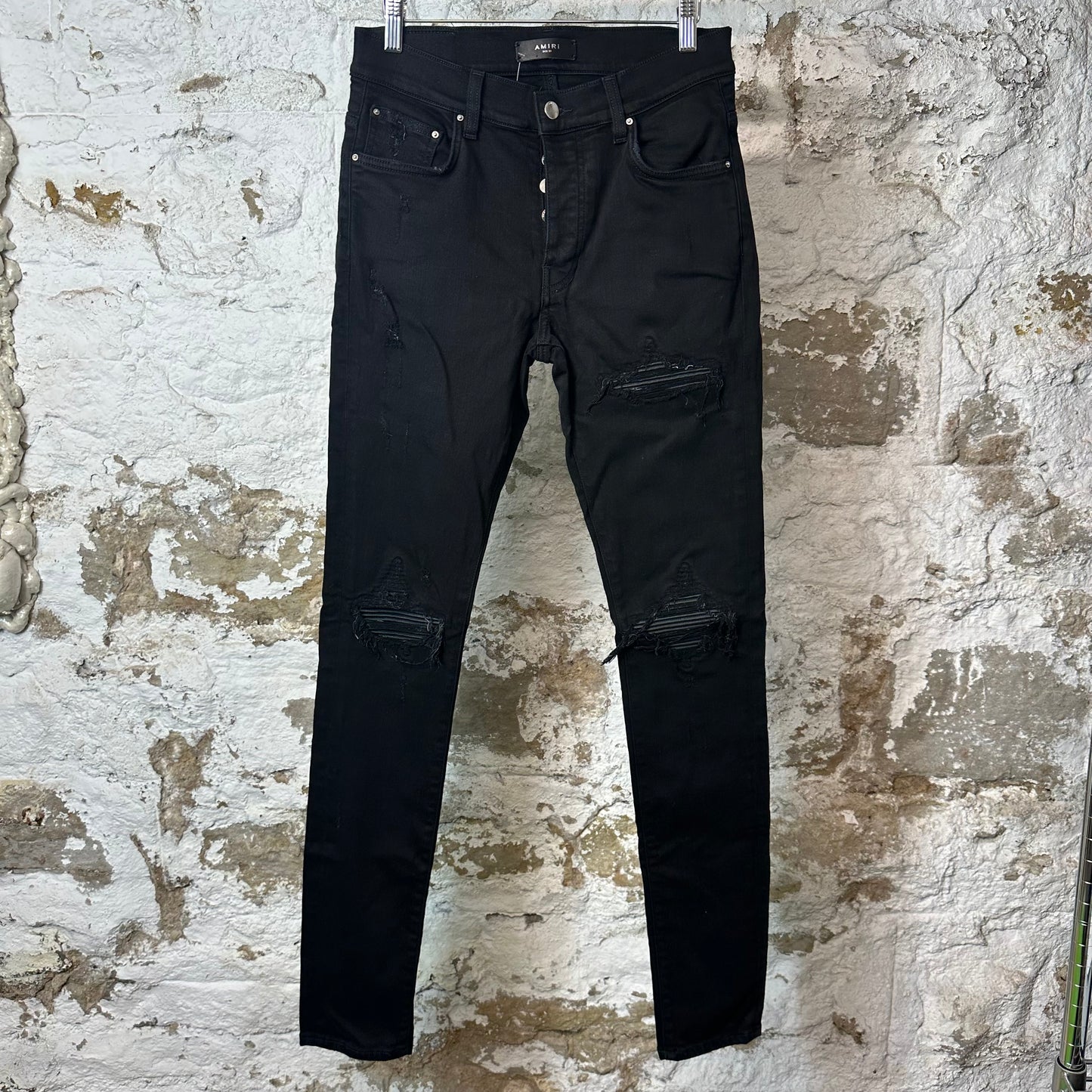 Amiri MX1 Black Leather Black Denim Jean Sz 29