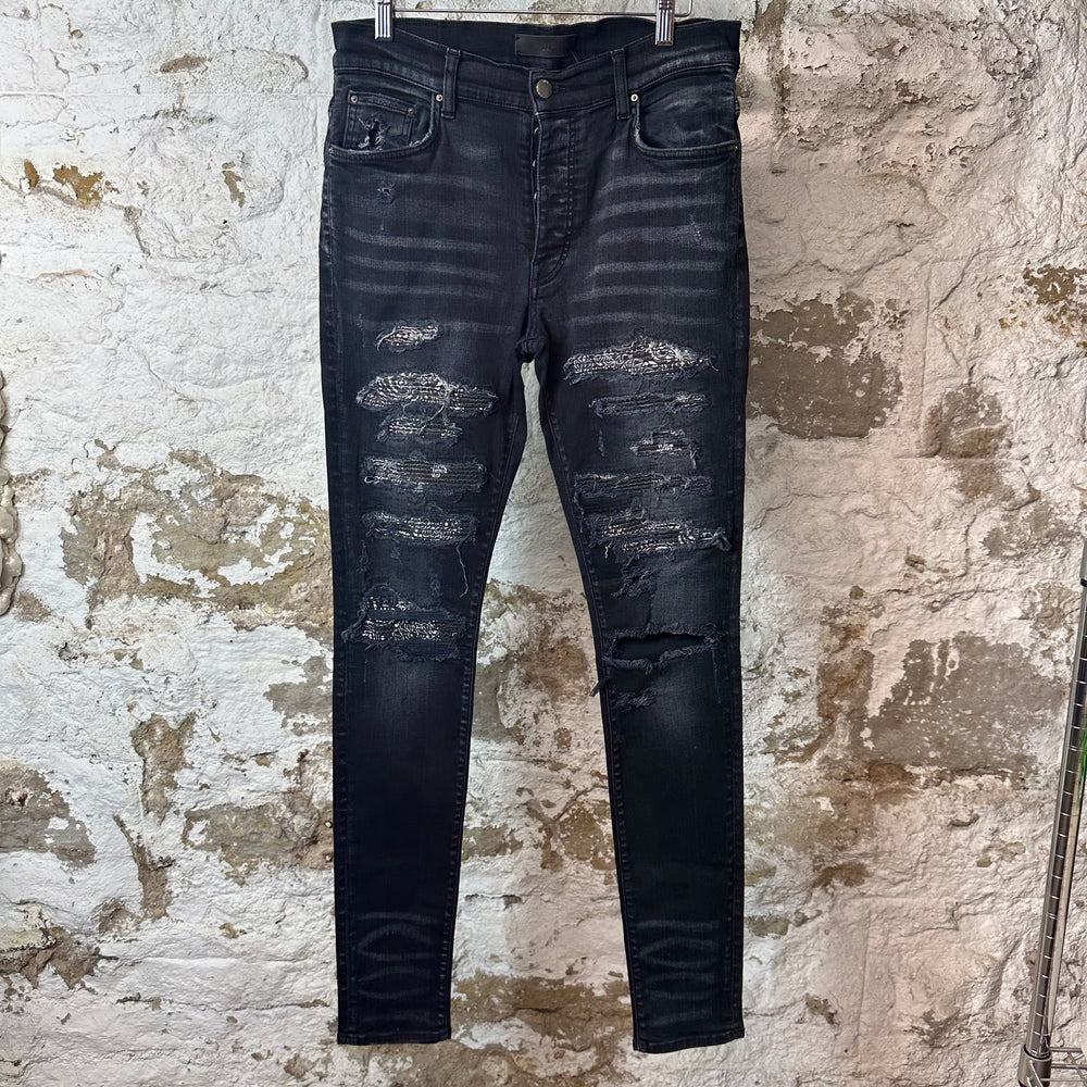 Amiri MX1 Black Paisley Thrasher Black Denim Jeans Sz 32