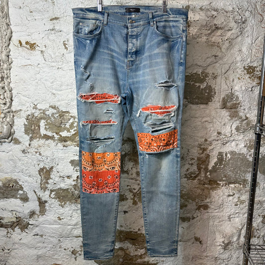 Amiri MX1 Orange Paisley Patches Blue Denim Jeans Sz 40