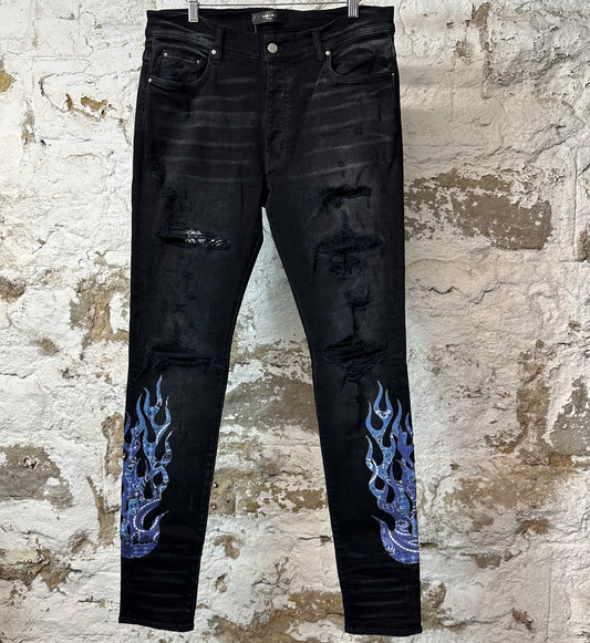 Amiri Blue Paisley Flames Black Denim Jeans Sz 34