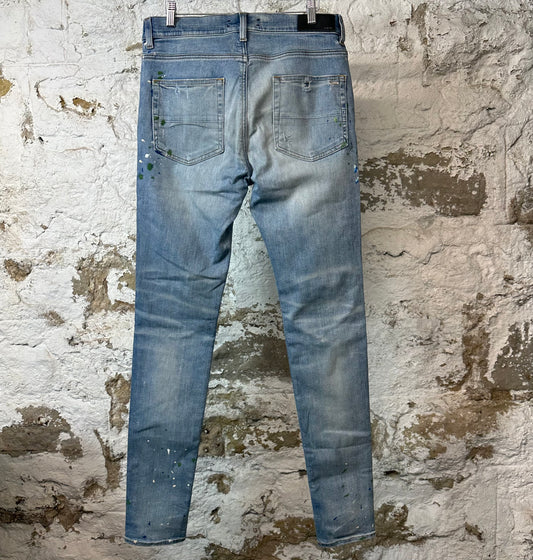 Amiri MX1 Denim Patch Paint Splatter Blue Denim Jeans Sz 32