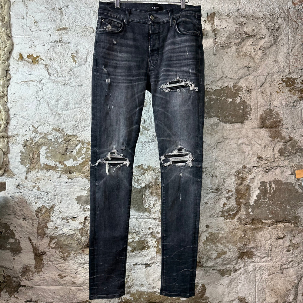 Amiri MX1 Black Leather Grey Denim Jeans Sz 31