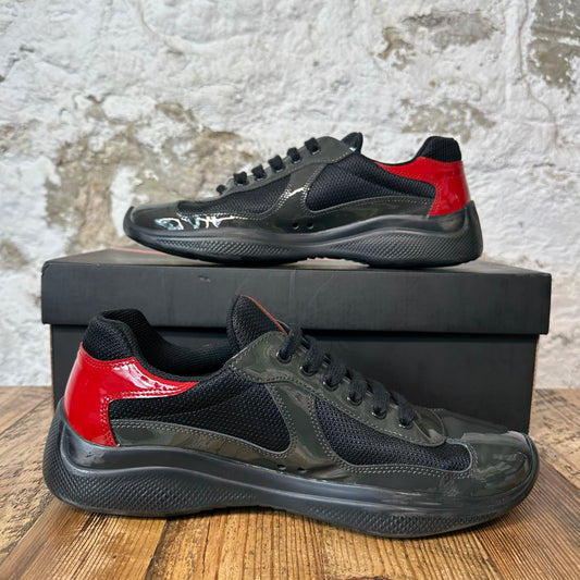 Prada Americas Cup Olive Green Red Patent Sneaker Sz 7.5