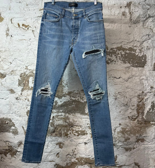 Amiri MX1 Black Leather Blue Denim Jeans Sz 30
