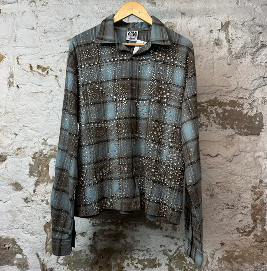 Vale Blue Gray Rhinestone Button Up Flannel Sz L