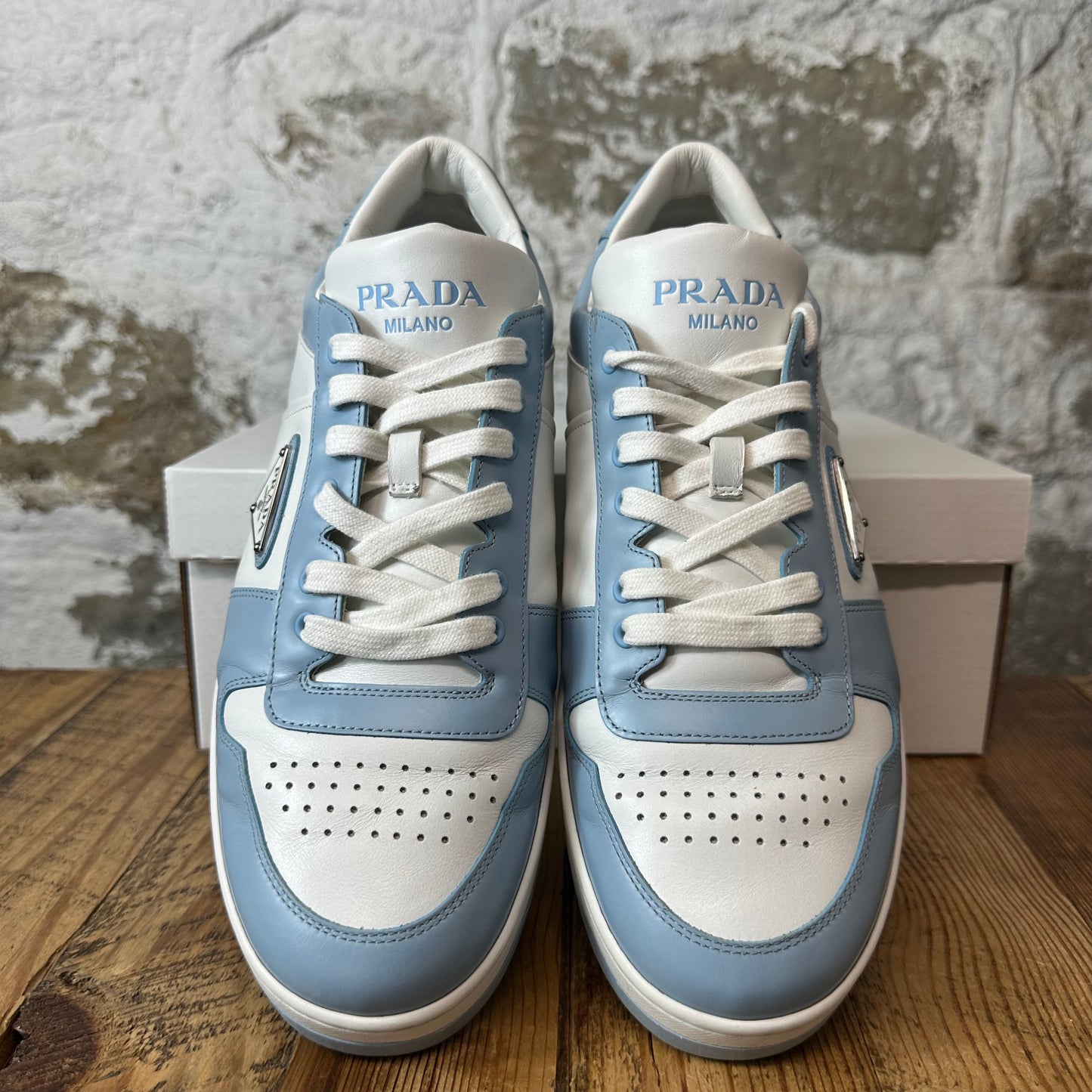 Prada Downtown Leather Blue White Sneaker Sz 10.5
