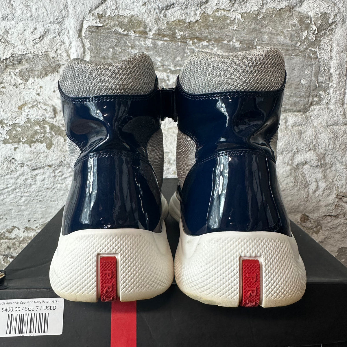 Prada Americas Cup High Navy Patent Grey White Sneaker Sz 7