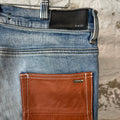 Amiri Brown Leather Spell Blue Denim Jeans Sz 32