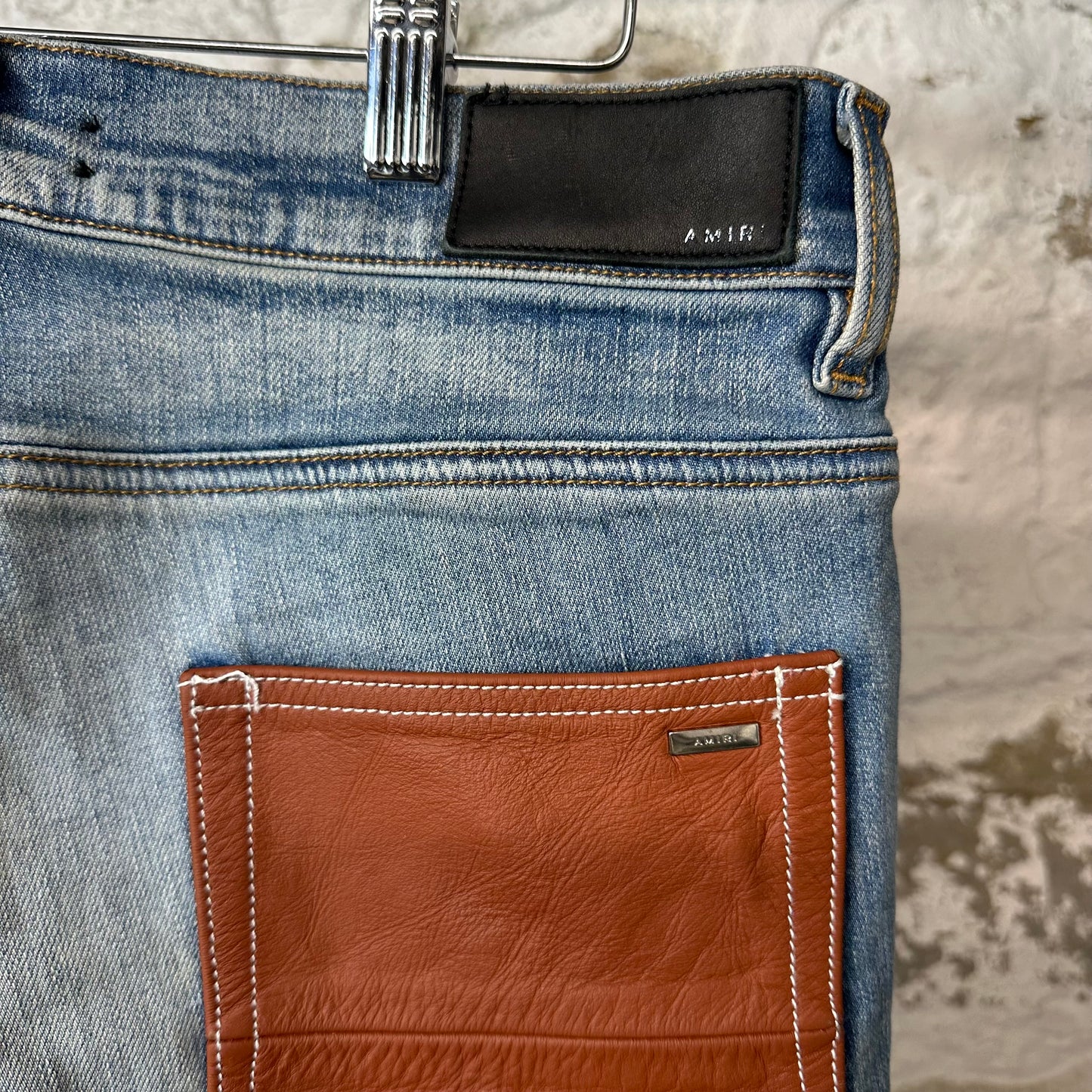 Amiri Brown Leather Spell Blue Denim Jeans Sz 32