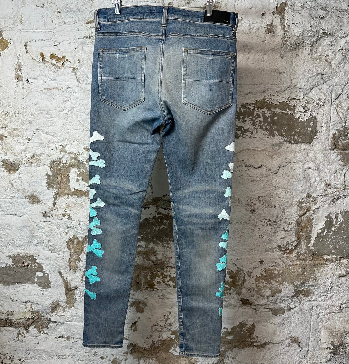AMiri Teal Blue Gradient Bones Blue Denim Jeans Sz 34