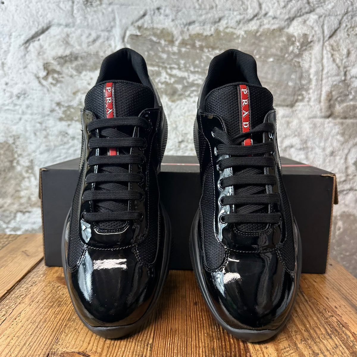 Prada Americas Cup Triple Black Patent Sneaker Sz 12