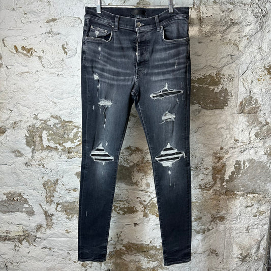 Amiri MX1 Black Leather Grey Denim Jeans Sz 34