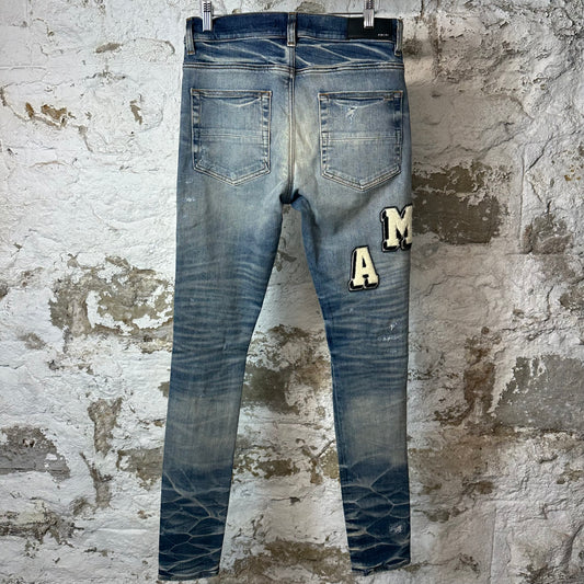 Amiri Varsity Felt Spell Distressed Blue Denim Jeans Sz 30