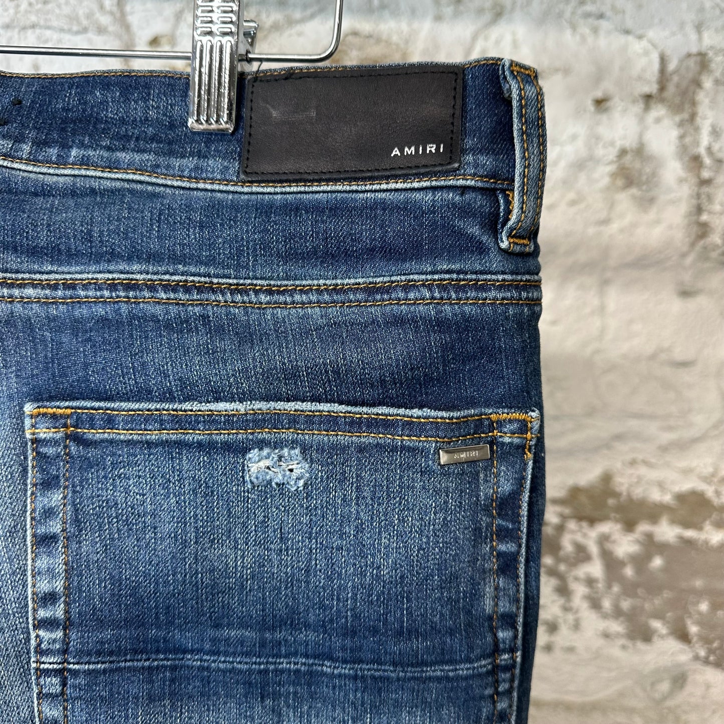 Amiri MX1 Orange Suede Dark Blue Denim Jeans Sz 34