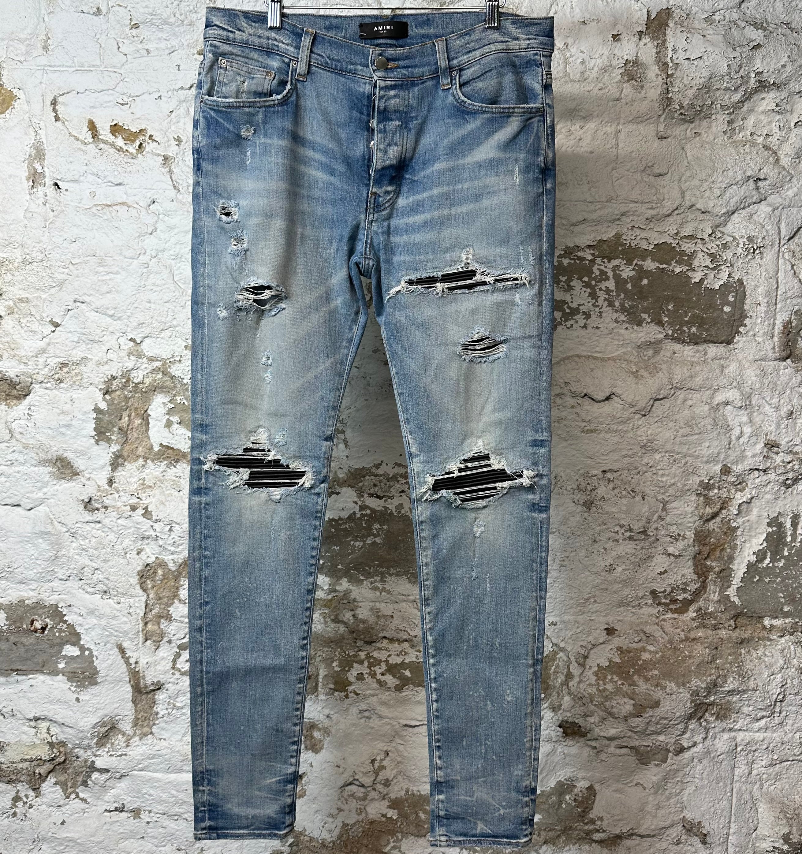 Amiri MX1 Black Leather Blue Denim Jeans Sz 33