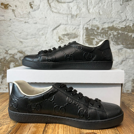 Gucci GG Embossed Black Leather Ace Sneaker Sz 10
