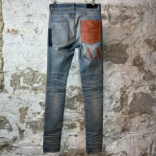 Amiri Brown Leather Core Logo Blue Denim Jeans Sz 29
