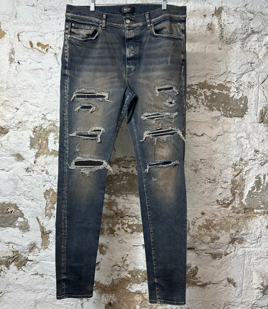 Amiri MX1 Black Leather Dirty Blue Denim Jeans Sz 38