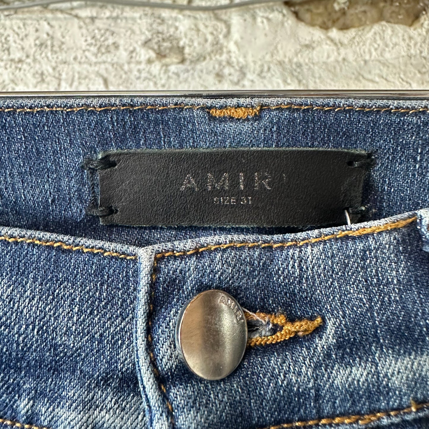 Amiri MX1 Black Leather Patch Dark Blue Denim Jeans Sz 31
