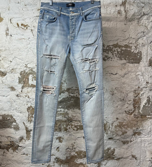 Amiri Bone Patch Light Blue Denim Jeans Sz 33