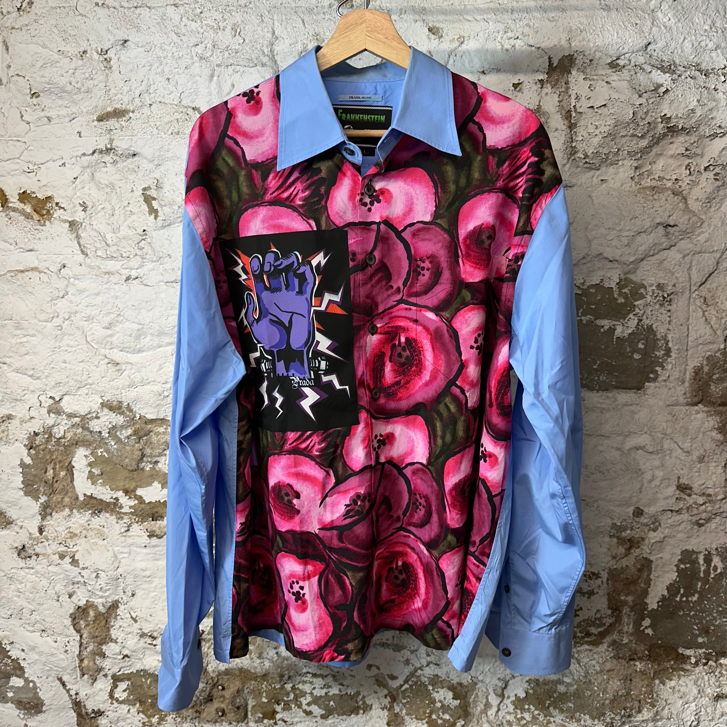 Prada Frankenstein Rose Blue Button Up Shirt Sz XXL