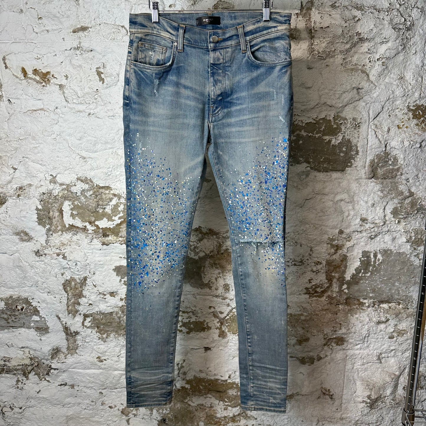Amiri Paint Splatter Crystal Blue Denim Jeans Sz 32