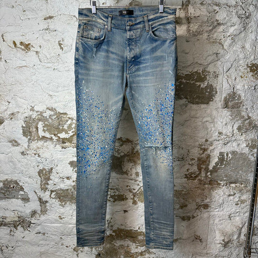 Amiri Paint Splatter Crystal Blue Denim Jeans Sz 32