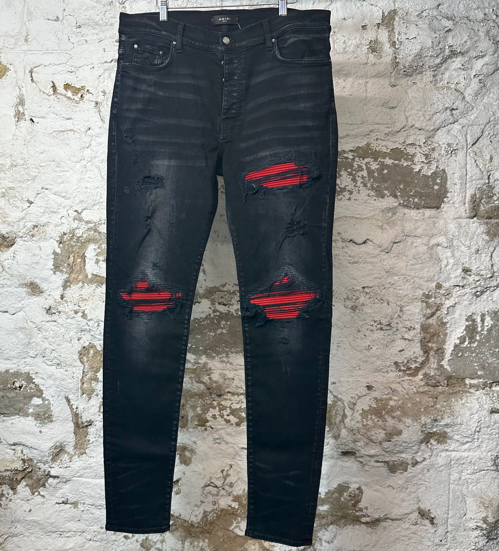 Amiri MX1 Red Suede Black Denim Jeans Sz 38
