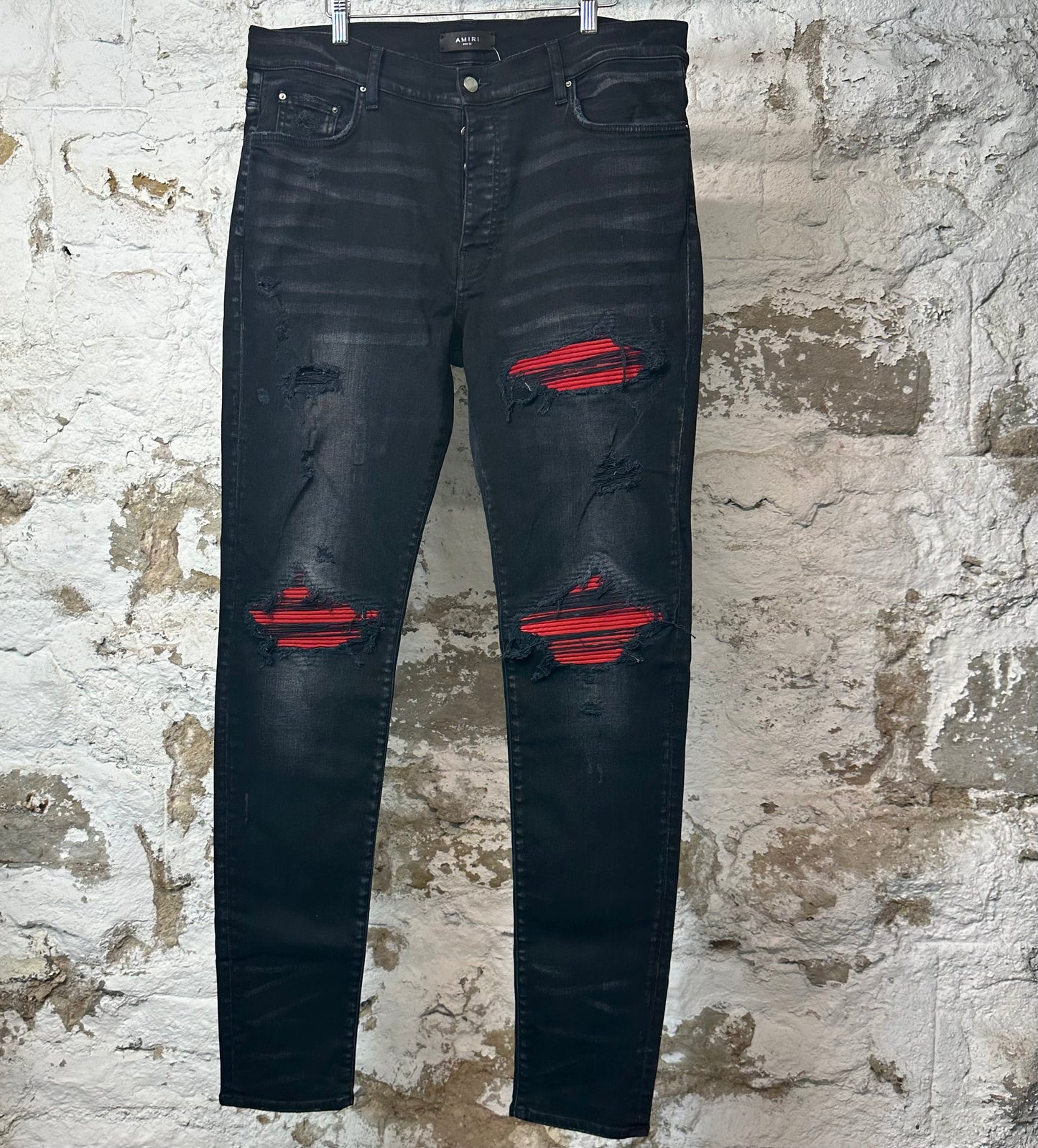 Amiri MX1 Red Suede Black Denim Jeans Sz 38