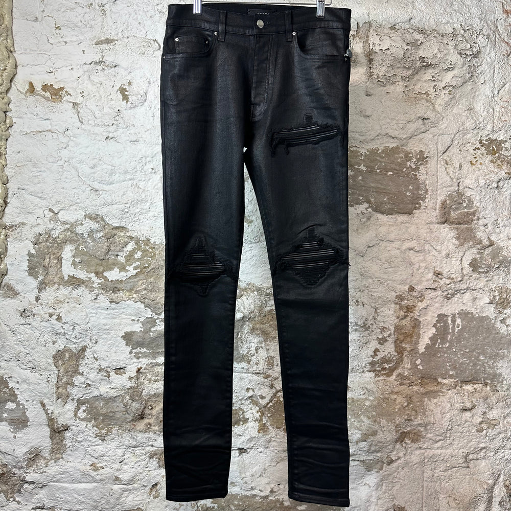 Amiri MX1 Black Leather Black Waxed Denim Jeans Sz 31 DS
