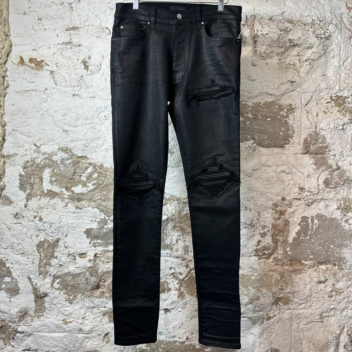 Amiri MX1 Black Leather Black Waxed Denim Jeans Sz 31 DS