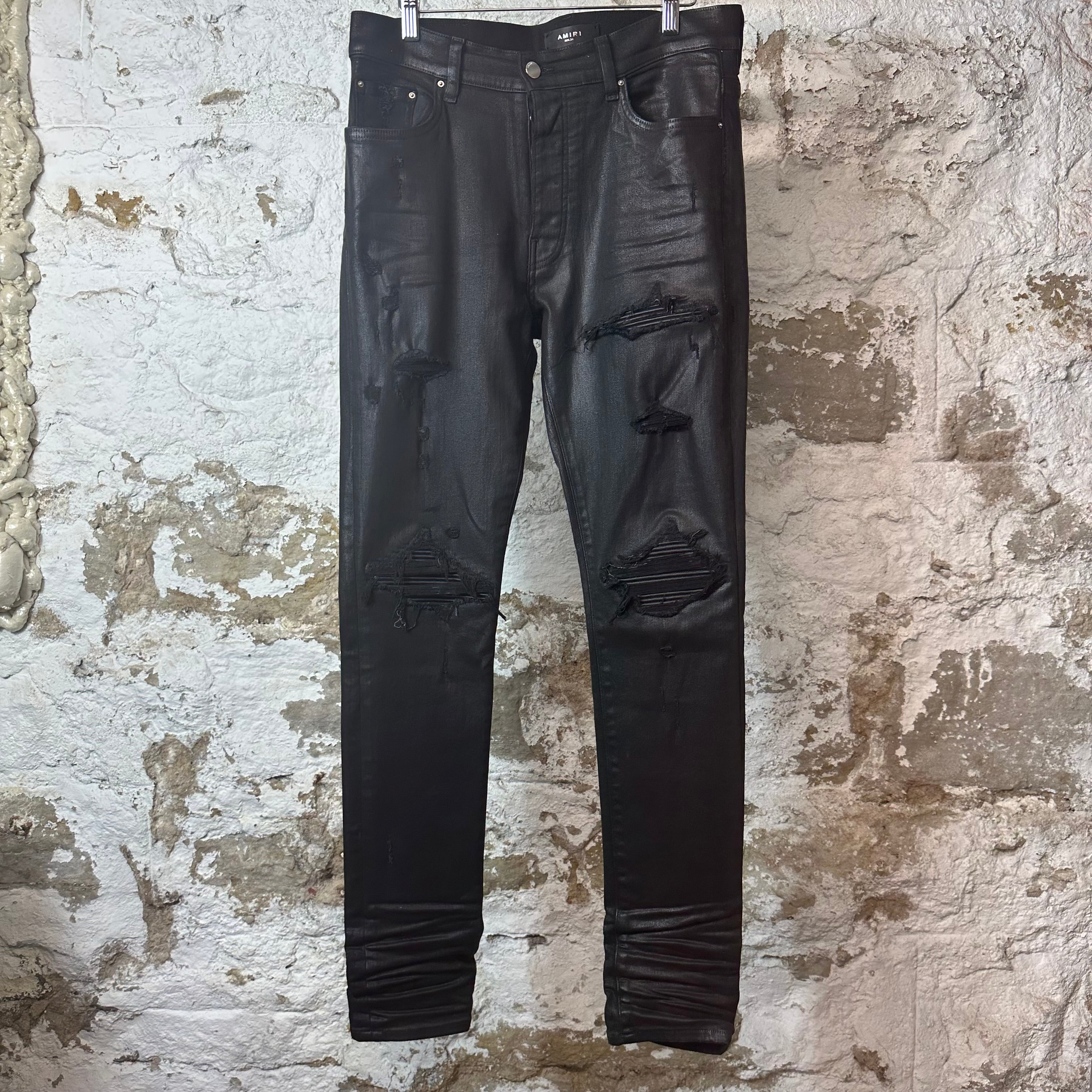 Amiri MX1 Black Leather Black Waxed Denim Jeans Sz 34