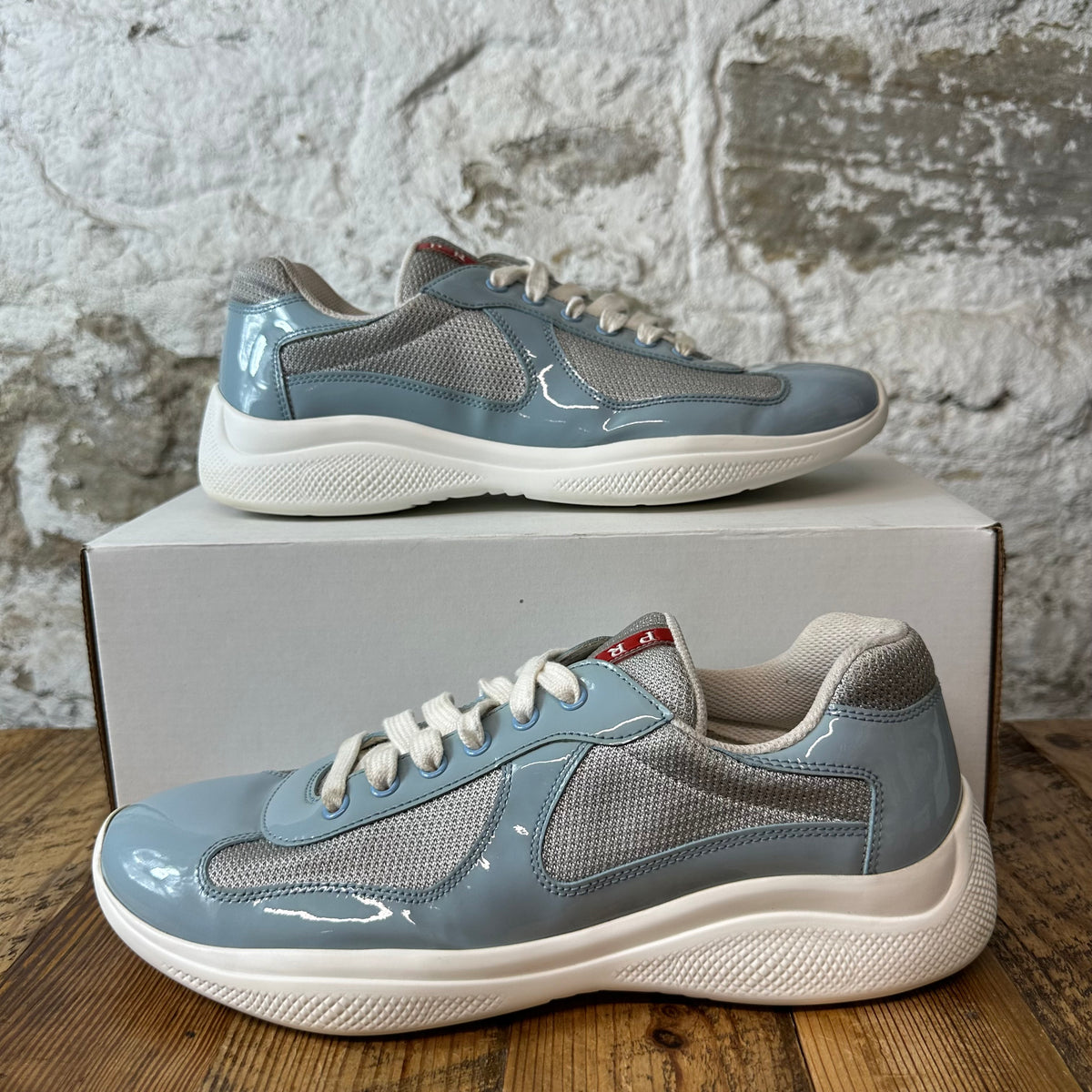 Prada Americas Cup Light Blue Patent Grey White Sneaker Sz 8