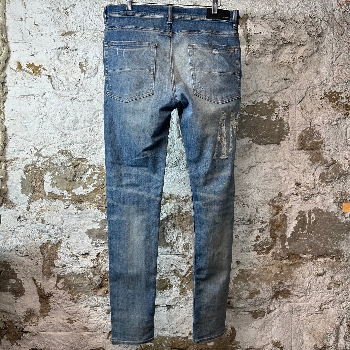 Amiri Distressed Side Spell Blue Denim Jeans Sz 34