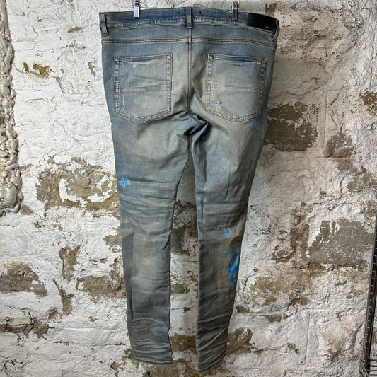 Amiri Airbrushed Logo Blue Denim Jeans Sz 38