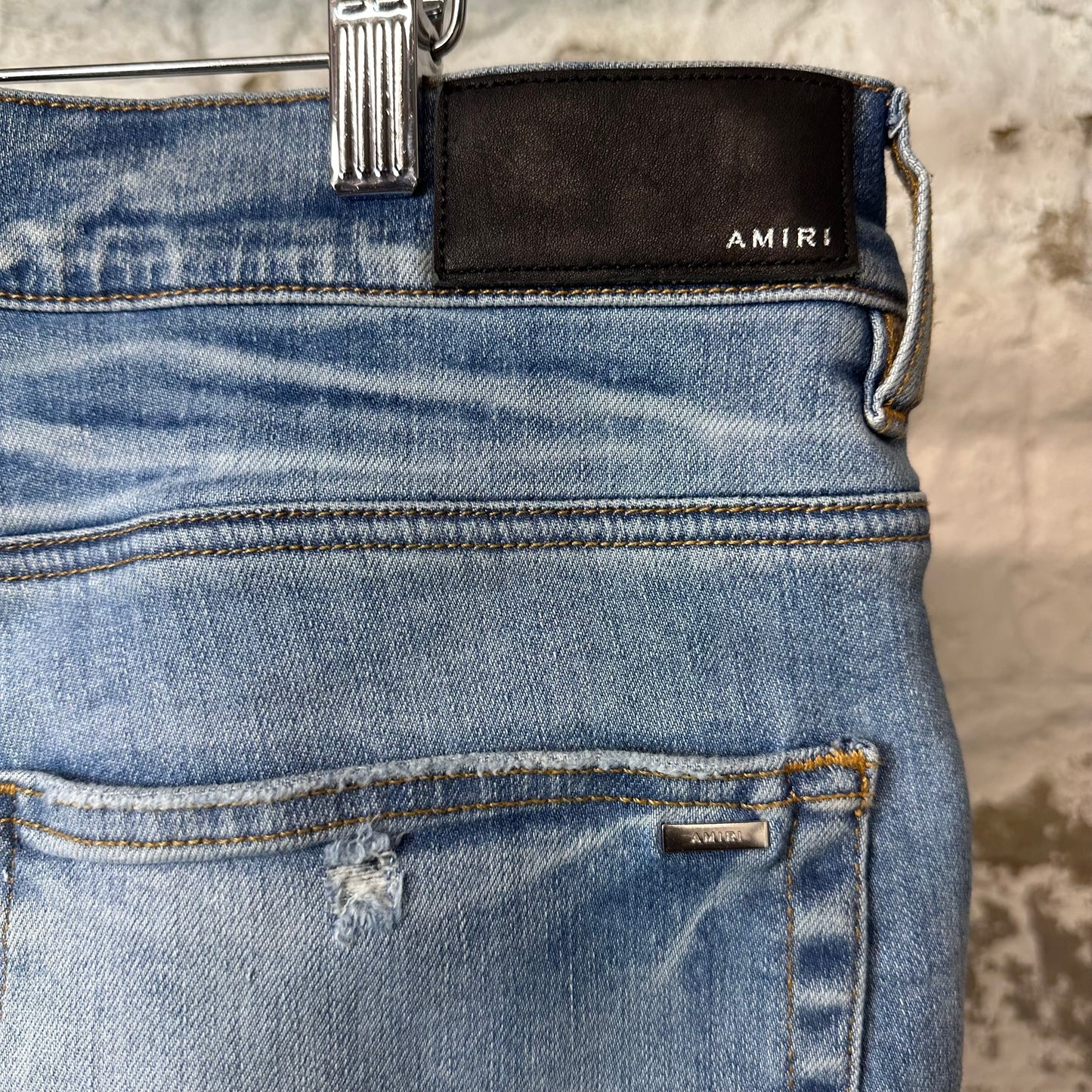 Amiri MX1 Cream Glitter Spell Blue Denim Jeans Sz 36